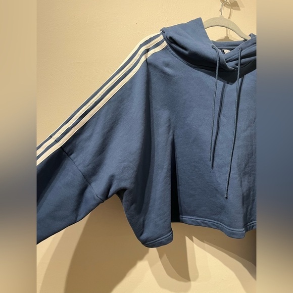 Women Adidas Originals Trefoil 3-Stripes Cropped Hoodie Mineral Blue Size XL - Picture 4 of 6